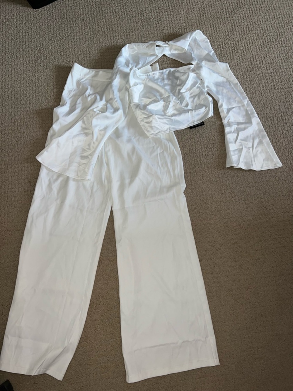 PrettyLittleThing White Wide-Leg Pants & Tie-Back Crop Top Set